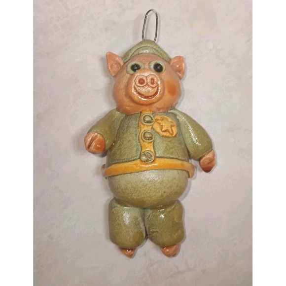 Handmade Other - Vtg rustic salt dough Pig Cop ornament handmade folk art christmas decoration